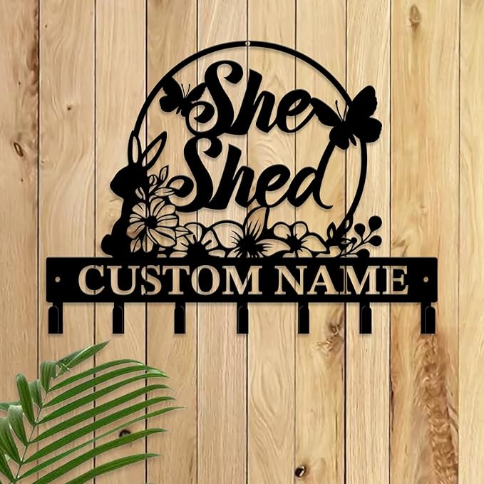 Personalized She Shed Metal Keys Hooks,Custom Name Metal She Shed Keys Hooks,Black Metal She Shed Wall Home Storage Decorative Keys Hooks,Key Holder Hooks for Wall (Style I)
