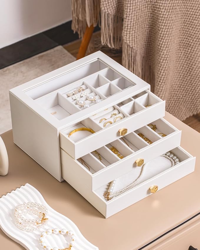 CASEGRACE Jewelry Box for Women with Glass Lid - Leather Jewelry Storage Organizer 3 Drawers for Necklaces, Rings, Earrings & Bracelets, Ideal Gift (White, 3 Layer)