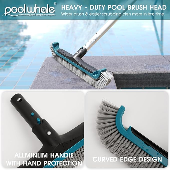 Swimming Pool Cleaning Kit - Aluminum Frame Skimmer Net with 10Ft Adjustable Pole & 17.5” Pool Brush Head, Pools Maintenance Kits for Inground & Above Ground Swimming Pools, Removes Debris