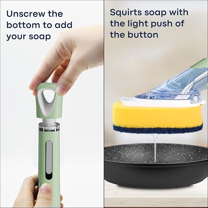 Dish Brush with Soap Dispenser Storage Set with 2 PCS Sponge Refills & Holder, Soap Dispensing Dish Brushes, Sponge with Soap Dispenser Handle, Dish Sponges with Handle for Dishes Pans Pots Sink