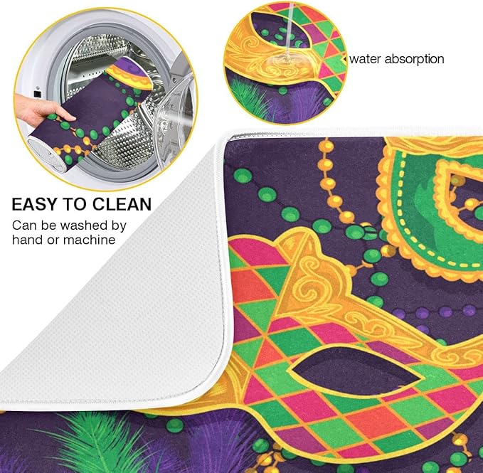 Mardi Gras Dish Drying Mat for Kitchen Mask Beads Confetti Masquerade Party Microfiber Drying Mats Absorbent Reversible Dish Pad Large Dish Draining Mat 18x24 inch