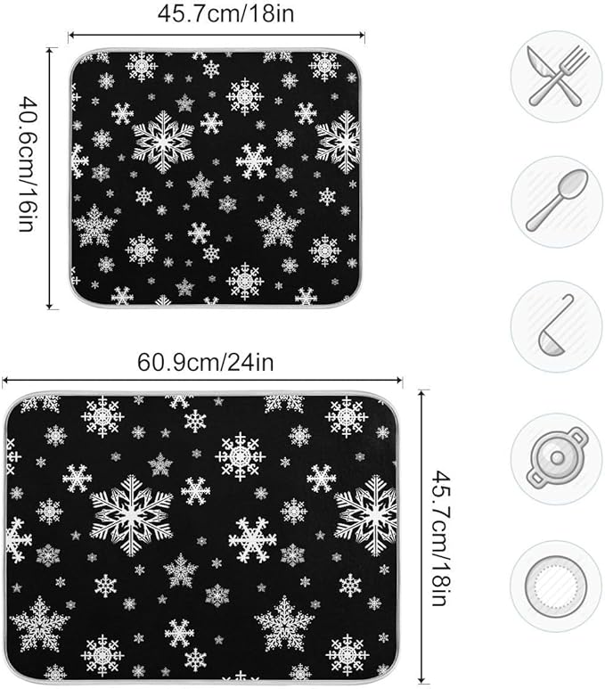 Winter Snowflake Black Dish Drying Mat for Kitchen Christmas Snowflake Xmas Microfiber Drying Mats Absorbent Reversible Dish Pad Medium Dish Draining Mat 16x18 inch