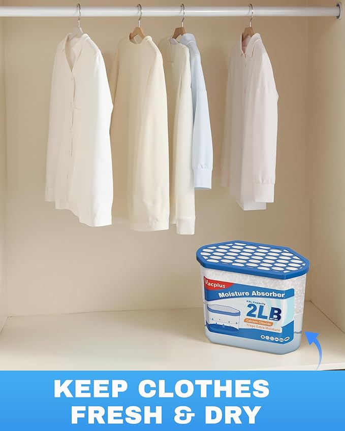Vacplus Moisture Absorber Buckets – Large Capacity Dehumidifier and Humidity Absorber for Closet, Basement, Bathroom, RV, and Storage Areas, Unscented, 2 lbs, 6 Pack