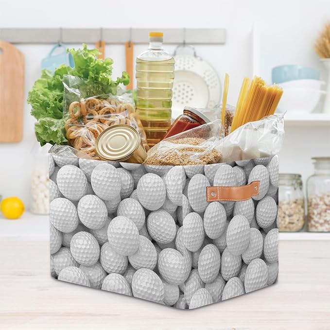 Golf Storage Basket for Shelves, Storage Bins with Handles, Collapsible Basket for Organizing, Closet Toy Baskets for Nursery Room, 15x11x9.5 in, Canvas, White Golf