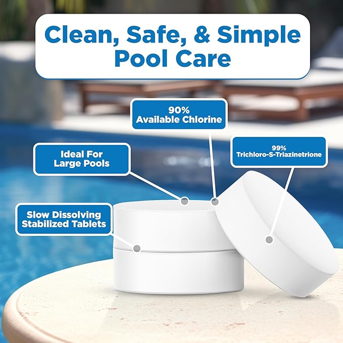 C3… 5 lbs. 3" Stabilized Chlorine Tabs for Swimming Pools | Easy to Use for Above Ground or Inground Pool | Slow Dissolving Individually Wrapped Chlorinating Tablets | 5 Pound Bucket