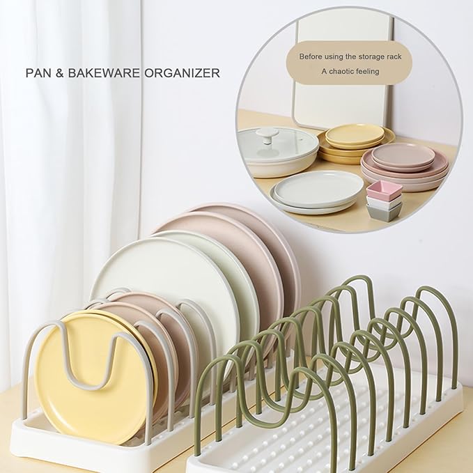 COMEOXO Pot and Pan Organizer, 8 Adjustable Compartment Pan Lid Organizer for Cabinet Drawer for Pot Lid Holder Bakeware Cutting Boards Cookware Dishes (Nordic Green)