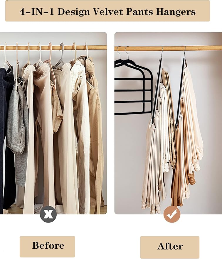 Velvet Pants Hangers Space Saving Hangers Closet Organizer for Jeans Slack Trousers Scarf Tie Pants Rack Leggings Hanger Non-Slip Hangers Multiple Clothes Holder (Black, 3)