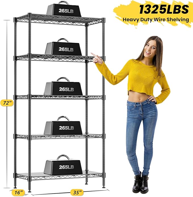 RackBro 72" H Storage Shelves 5 Tier Wire Shelving with Shelf Liners, Adjustable Metal Garage Shelving, 1325LBS Heavy Duty Commercial Storage Rack for Pantry Kitchen, 35" W x 16" D x 72" H, Black