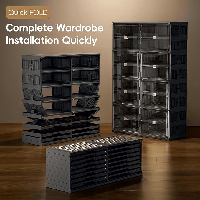 JEKO&JEKO 8-Tier Foldable Shoe Storage Cabinet with Magnetic Doors, Large Stackable Shoe Organizer Cabinet for Closet & Entryway, Clear Front Door Shoe Boxes Hold Up to 32 Pairs (Black)