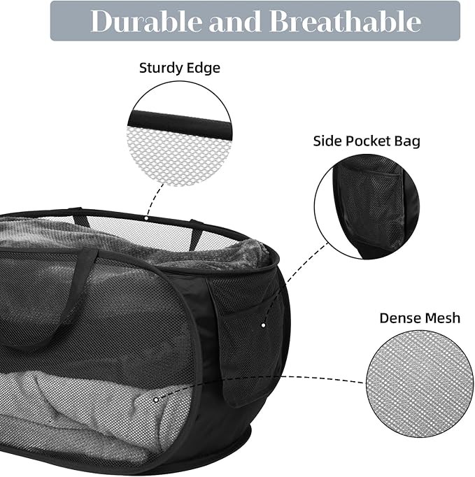 Durable Collapsible Laundry Baskets, Mesh Pop Up Laundry Hamper with Side Pocket, Foldable Clothes Storage Hamper with Reinforced Carry Handles for Laundry, Bathroom, Kids Room, Dorm or Travel Black