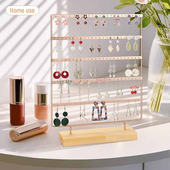 5 Tier 120 Hole Earring Holder Organizer, Rust Proof Metal and Wooden Base Jewelry Organizers and Storage for 60 Pairs of Earrings, Suitable for Home Storage and Sales Display