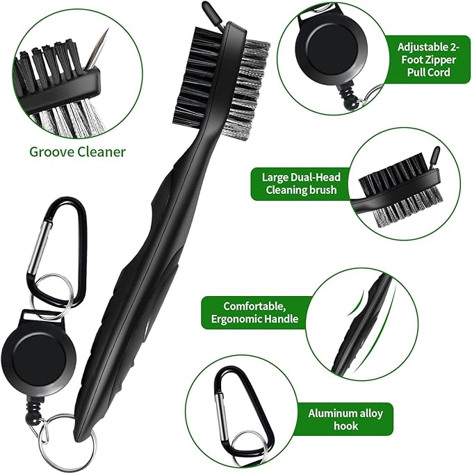 XQ XIAO QIAO Golf Club Cleaning kit, 3-in-1 Easy to Use Golf Club Cleaner Includes 250ml Golf Club Polish, Golf Club Brush and Groove Cleaner 2 ft Retractable Zipline Carabiner, Microfiber Cloth