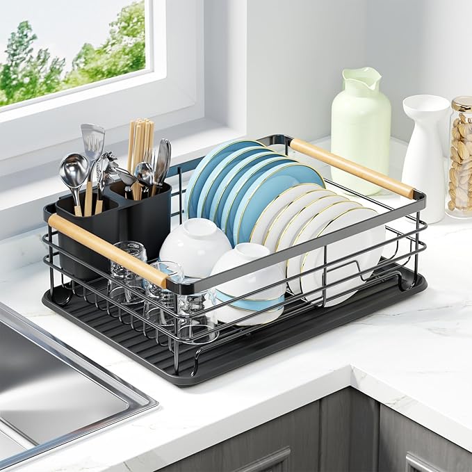 jouzevic Dish Racks for Kitchen Counter: Wooden Handles, Thickened Metal, No Assembly. Small Dish Drying Rack: Ideal for Small Households. Drying Rack Kitchen: Black