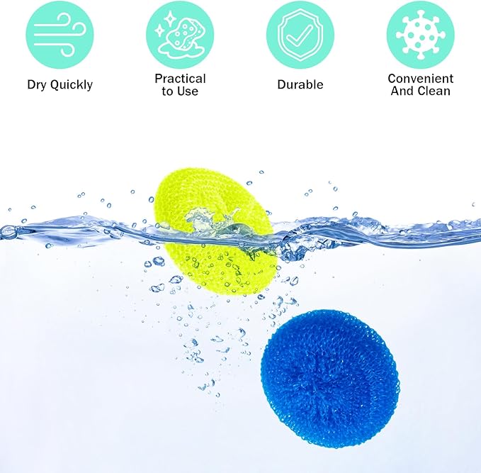 Acshio 60 Pack Plastic Dish Scrubbers, Round Mesh Scouring Non Scratch Pads, Assorted Color Reusable Nylon Dish Pot Washing Poly for Kitchen Household Cleaning, 6 Colors