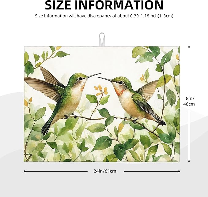 Green Hummingbird Dish Drying Mat for Kitchen Counter Microfiber Super Absorbent Non-Slip Dish Drying Pad for Countertops Dishes Utensils Stylish Quick-Dry Machine Washable 18x24 Inch