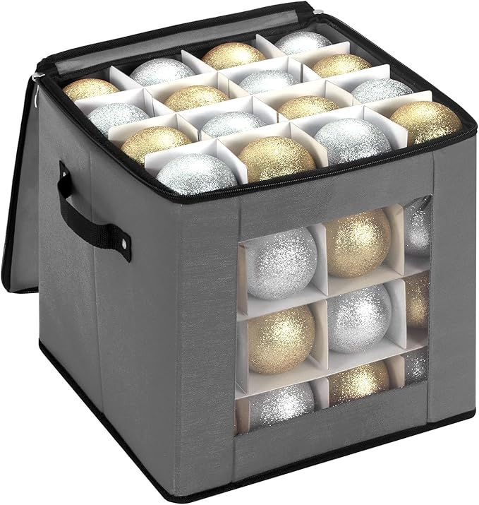 Christmas Ornament Storage Box With Adjustable Dividers,Ornament Storage Container with Two Handles for 64Holiday Decorations,Gray