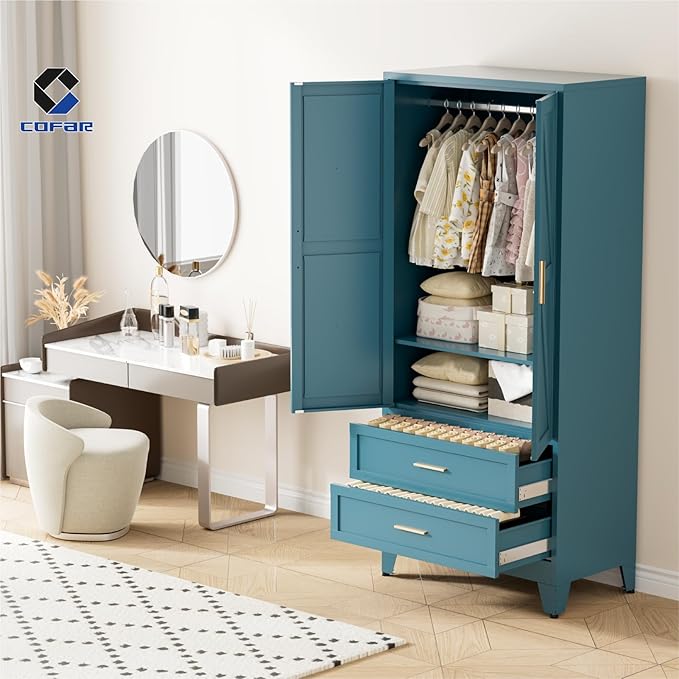 COFaR Metal Wardrobe Closet with Doors, 71'' Tall Farmhouse Bedroom Armoires with Drawers and Hanging Rod, Freestanding Steel Wardrobe Cabinet Coat Closet for Bedroom Home Office Garage, Peacock Blue