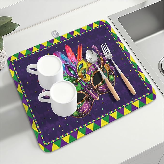 Wnoesat Mardi Gras Dish Drying Mat for Kitchen Counter Masquerade Mask Feather Dishes Drying Mat Microfiber Absorbent Reusable Washable Dishes Drainer Rack Mats 16x18 Inch