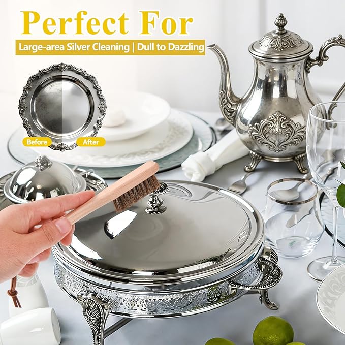Horsehair Silver Brush Jewelry Cleaning Cloth Set - Detailing Brush for Silverware - Silver Polishing Cloth for Sterling, Cutlery, Metal - Perfect Match for Silver Polish