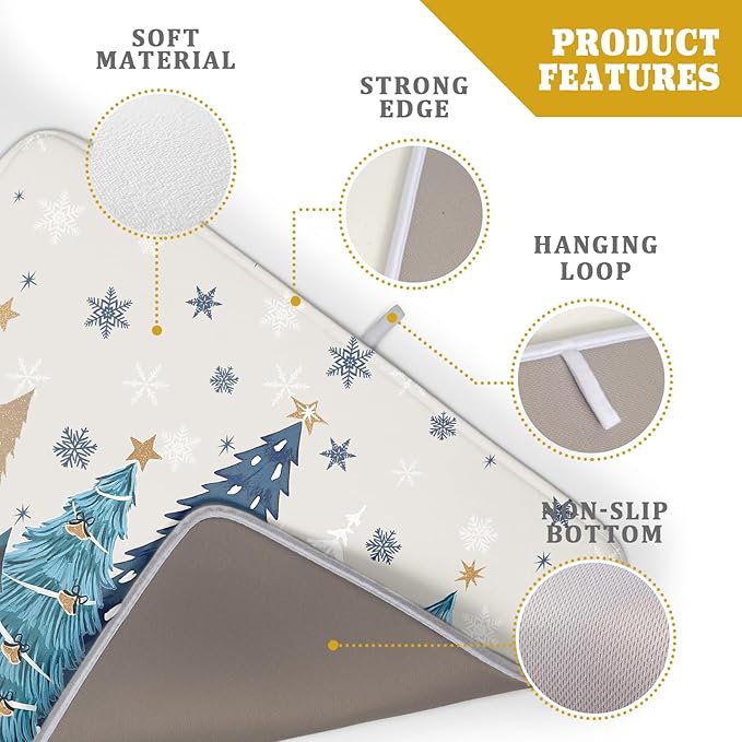 Christmas Tree Dish Drying Mat for Kitchen Counter 24x18 Inch Xmas Snowflake Drying Mat with Absorbent Reversible Microfiber House Blue Trees Dish Drainer Mats Rack Pad for Coffee Countertop Protector