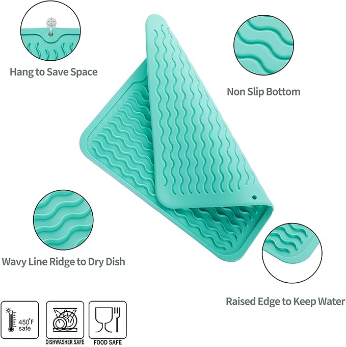 MicoYang Silicone Dish Drying Mat for Multiple Usage,Easy clean,Eco-friendly,Heat-resistant Silicone Mat for Kitchen Counter or Sink,Refrigerator or Drawer liner Mint M 12 inches x 12 inches