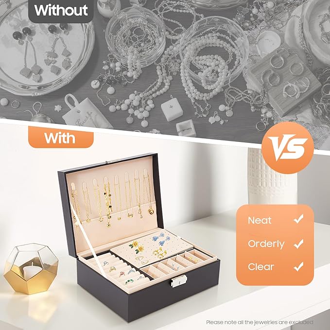 2-Layer Pink Jewelry Box Organizer with Lock,PU Leather Jewelry Chest for Women Girls,Jewellery Holder Organizer Box for Necklace Earrings Rings Bracelets