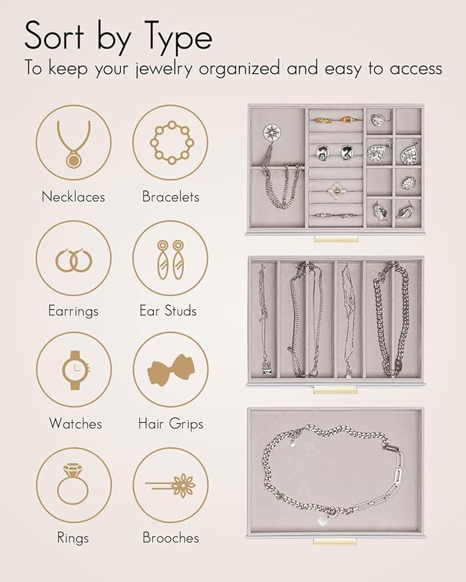 Vlando Jewelry Box for Women,Jewelry Box&Organzier,3-Layer Jewelry Holder Organzier,Glass Lid Jewelry Storage for Gem Diamond Necklaces Rings Earrings Bracelets Grey