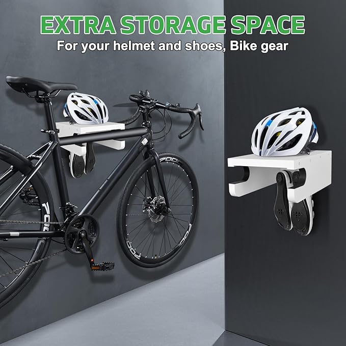 Wooden Bike Wall Mount Rack with Shelf and Hooks for Home, Space-Saving Indoor Horizontal Bike Storage Rack for Garage, Wood Wall Mounted Bike Hangers for Single Road, Mountain Bicycle