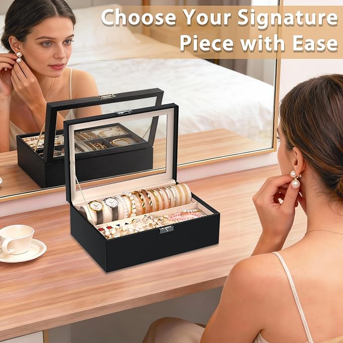 Jewelry Organizer Box with Clear Glass Lid, Bracelet Holder Jewelry Storage Case for Earrings, Rings, Bangles, Watches - PU Leather Jewelry Display Box Gifts for Women Girls, Black