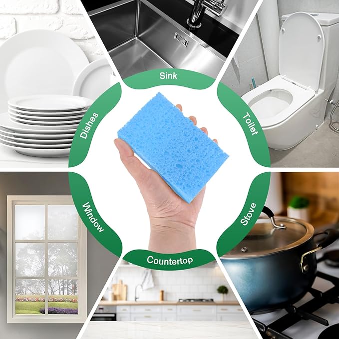 M METERXITY 12-Pack Kitchen Sponges, Condense Eco Cellulose Non-Scratch Scrub Heavy Sponge for Kitchen/Household/Bathroom, Clean Tough Messes Dish Scrubber [Blue]