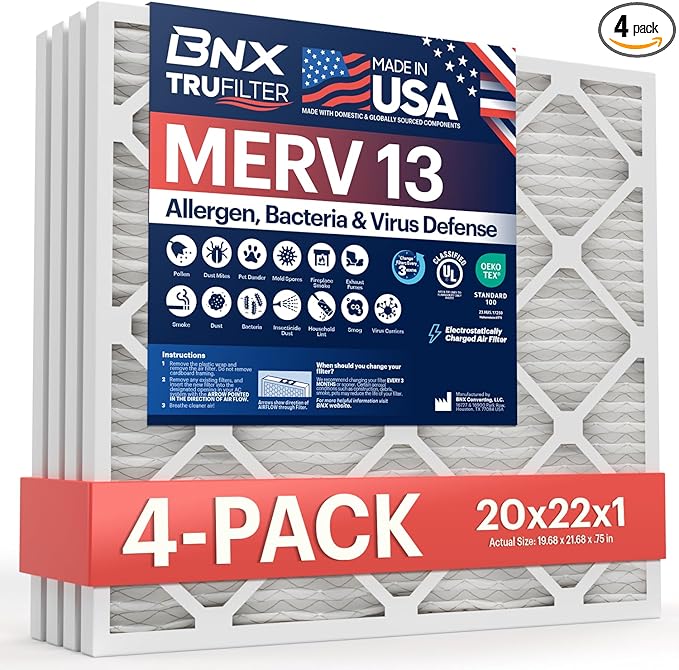 BNX TruFilter 20x22x1 Air Filter MERV 13 (4-Pack) - MADE IN USA - Electrostatic Pleated Air Conditioner HVAC AC Furnace Filters for Allergies, Pollen, Mold, Bacteria, Smoke, Allergen, MPR 1900 FPR 10