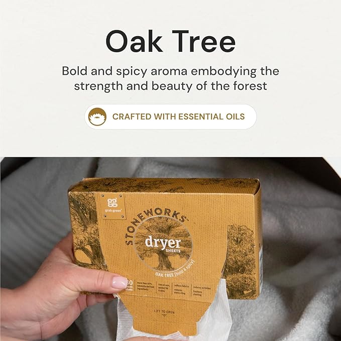 Grab Green Stoneworks Cruelty-Free Dryer Sheets | Softens Fabrics, Freshens Clothing & Reduces Static-Cling and Wrinkles | Plant Based | Oak Tree Scent (160 Sheets)