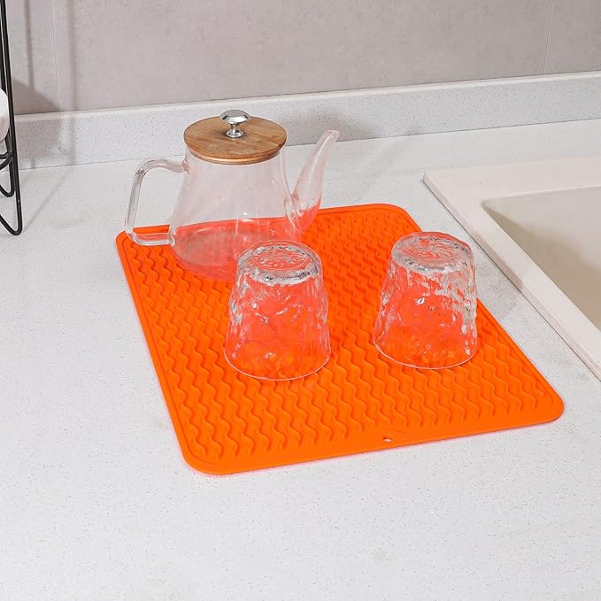 MicoYang Silicone Dish Drying Mat for Multiple Usage,Easy clean,Eco-friendly,Heat-resistant Silicone Mat for Kitchen Counter or Sink,Refrigerator or drawer liner Orange L 16 inches x 12 inches