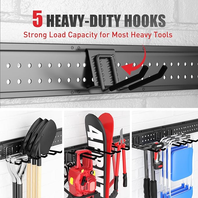 ZICANYCO Garage Tool Organizer Wall Mount 64 inches with 13 Adjustable Heavy-Duty Hooks, Garage Organization, Garden Tool Storage Rack, Yard, and Shed, Holds Up to 520 lbs