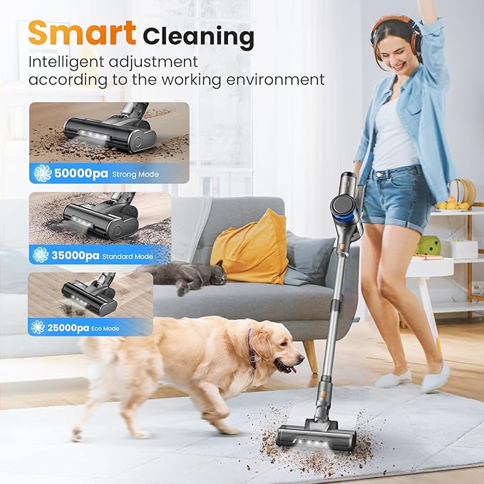 Dzaki S9X Vacuum Cleaners for Home,400W 50KPa Cordless Stick Vacuum Cleaner,Up to 55 Mins Runtime,Smart Induction Auto-Adjustment,Rechargeable Battery Vacuum Cordless for Carpet Floor Pet Hair(Gray)