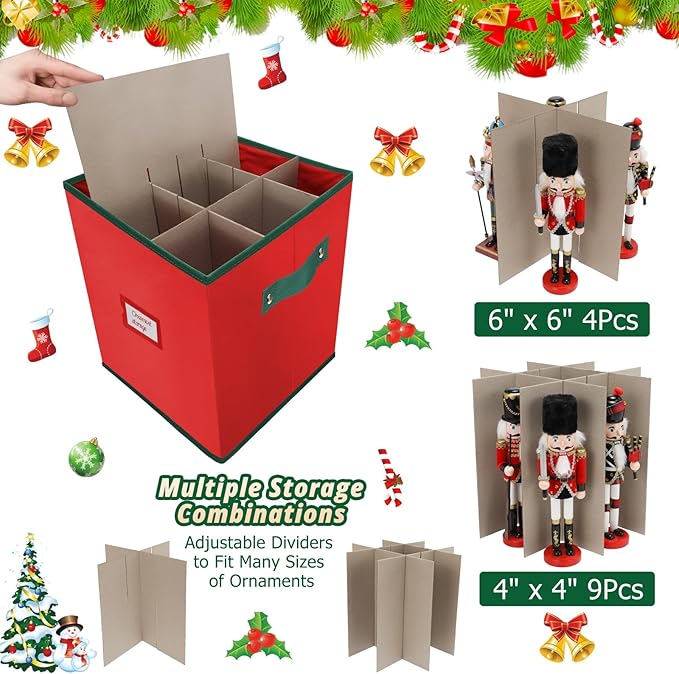 Christmas Nutcracker and Figurine Storage Box, Keeps 9 16" Tall Holiday Nutcrackers, Figurines, and More -Xmas Decor Collectible Organizer with Adjustable Dividers, 600D Oxford Fabric Tear-Proof