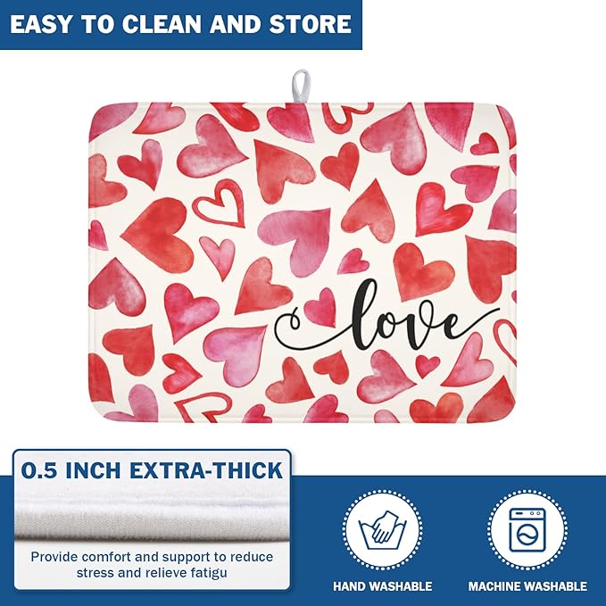ABSOP Valentine's Day Dish Drying Mat 18 x 24 Inch Heart Shaped Dish Drying Pad Absorbent Microfiber Mats for Red and Pink Dish Rack Pad for Kitchen Counter Coffee Bar Decor