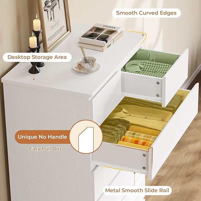 DICTAC White Tall Dresser for Bedroom with 6 Drawers, 43.9" Tall Dressers & Chests of Drawers, Modern Wood Closet Organizer and Storage Cabinet, Large Vertical Dresser for Bedroom, Closet, Hallway