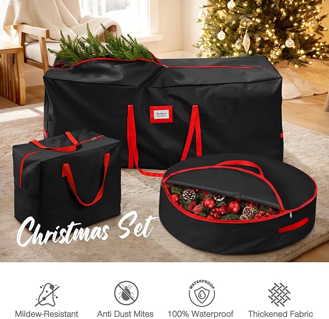 3 Pack Christmas Tree Storage Bag, for Artificial Trees up, Sturdy Waterproof With Reinforced Carrying Handles, Xmas Holiday Garland Bag Storage Case (Black, 9 Ft)
