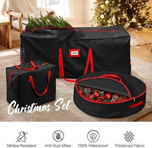 3 Pack Christmas Tree Storage Bag, for Artificial Trees up, Sturdy Waterproof With Reinforced Carrying Handles, Xmas Holiday Garland Bag Storage Case (Black, 9 Ft)