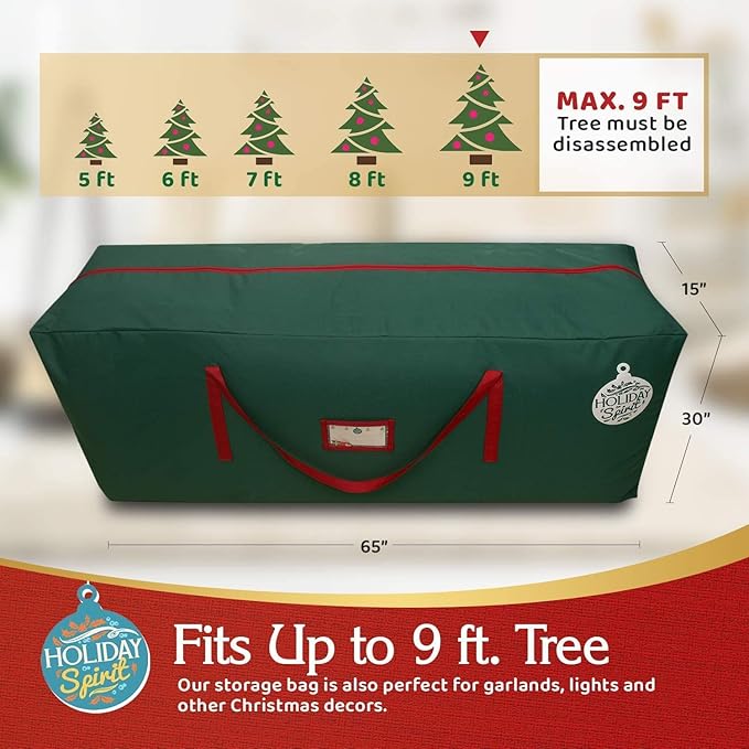 HOLIDAY SPIRIT Heavy Duty Canvas Bags for Christmas Tree - Waterproof Storage Bag with Reinforced Handles and Dual Zipper for 9 Ft Tree - 600D Oxford Material Protects from Dust and Moisture, Green