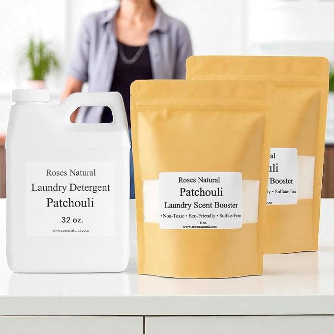 Patchouli Laundry Detergent & Scent Booster Bundle – 32 oz Detergent + 32 oz Booster, Long-Lasting Freshness, Natural Plant-Based Laundry Set, Eco-Friendly & Sulfate-Free, Made in USA