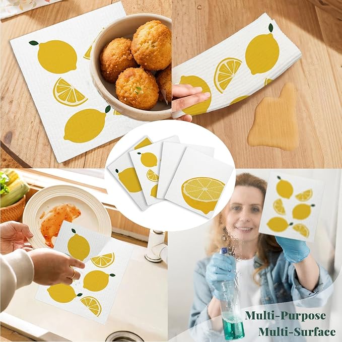 LARTSFRO Swedish Dishcloths for Kitchen, Papaya Reusable Paper Towels Washable, Lemon Summer Swedish DishCloths for Friut, 4 Pack Dish Towels for Kitchen, No Odor Cleaning Cloths