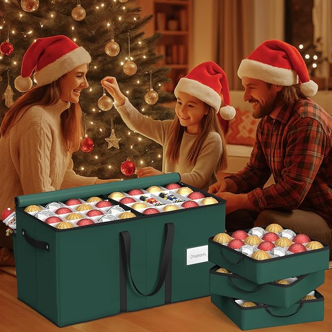 Sunvigor Christmas Ornament Storage Box with 8 Trays, Fits 128 Holiday Ornament Christmas Storage Container with Adjustable Dividers, Dual Zipper, 600D Oxford Christmas Decorations Storage(Deep Green)