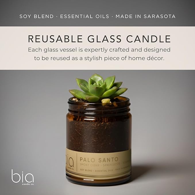 Bia Candle Co Soy Blend Candle, Rosemary & Palo Santo with Smoky Cedar Wood & Leather Over Sandalwood, Tonka Bean & Incense – Clean Burn, Lead-Free Cotton Wick – Palo Santo, 7 oz