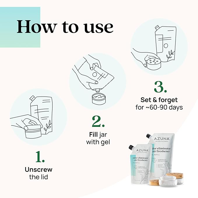 Azuna Air Freshener and Odor Eliminator for Strong Odor Gel 24oz Refill Pouch with Tea Tree Oil | Plant-Based & Long Lasting | Pet, Smoke, Home and Bathroom | Amalfi Breeze | Last 60-90 Days