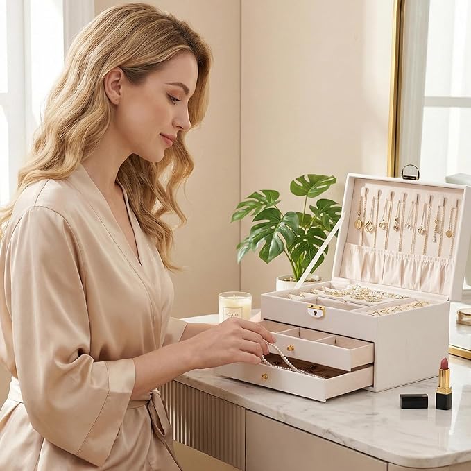 3 Layer Jewelry Box, Jewelry Holder Organizer with Jewelry Organizer Drawer, Large Jewelry Boxes & Organizer with Velvet Earring Organizer, Lockable Jewelry Holder, Unique Gifts for Women Mom (White)
