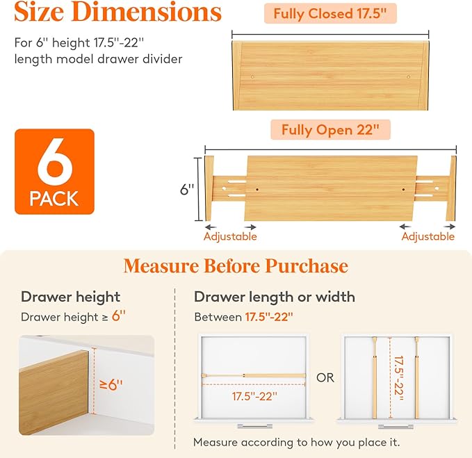 Lifewit 6 Pack 6" Deep Bamboo Drawer Dividers, 17.5-22" Expandable Drawer Organisers for Clothes, Adjustable Dresser Drawer Divider, Clothing Drawers Separators for Dresser, Bedroom, Bathroom, Office