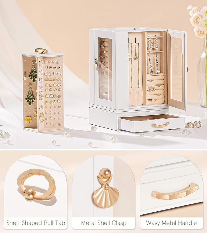 Jewelry Box large for Dresser: Women Necklace Ring Storage Organizer with Compartments - Elegant Earring Holder Display (White)