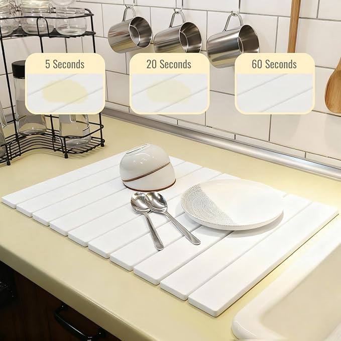 Hopegiver Stone Drying Mat for Kitchen Counter, 24"x16" Collapsible Quick Dry Dish Drying Mat, Super Absorbent Diatomaceous Earth Mat for Dishes Bottles Cups Bathroom, White with Sanding Block